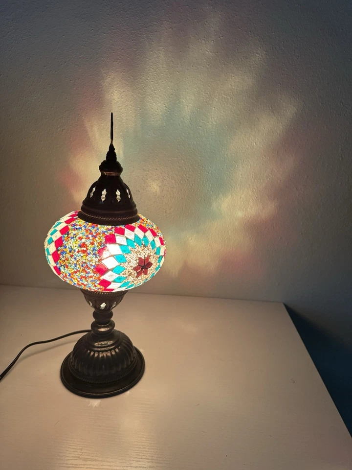 "Lámpara de mesa de mosaico turco 15"" colorido globo de vidrio bronce decoración boho" Foto 2 de 4