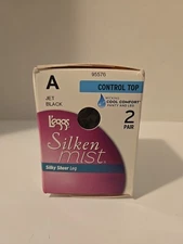 L'eggs Pantyhose Silken Mist Jet Black Control Top 2 Pair Size A Silky Sheer Leg