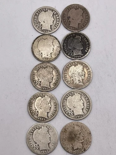 Barber Dimes Lot (10) 1899-1900o-01-02-04-07-08-10-11-12 All VG