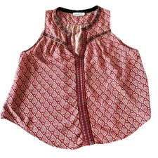 Sugar Lips Women's Red Sleeveless Top Boho Peasant Indian Block Print Blouse S