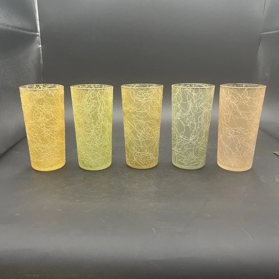 Vintage Spaghetti String Glasses Set Of Five Mid Century Mod Textured - Image 4 of 4