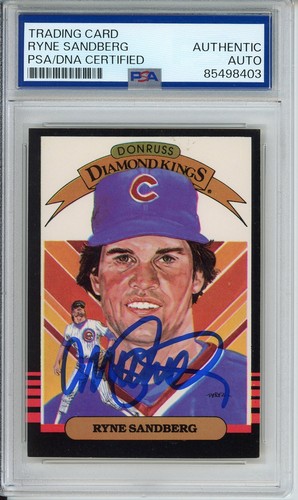 1985 DONRUSS DIAMOND KINGS RYNE SANDBERG SIGNED CARD HOF PSA DNA COA HANDSIGNIERT