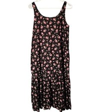 Vintage Women’s Midi Dress Sleeveless Black Pink Rose Floral Scoop Neck Ruffle