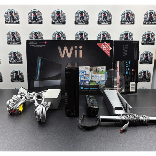 Nintendo Wii Black Console Bundle w/ Box + Manuals + Controller + Sensor -Tested