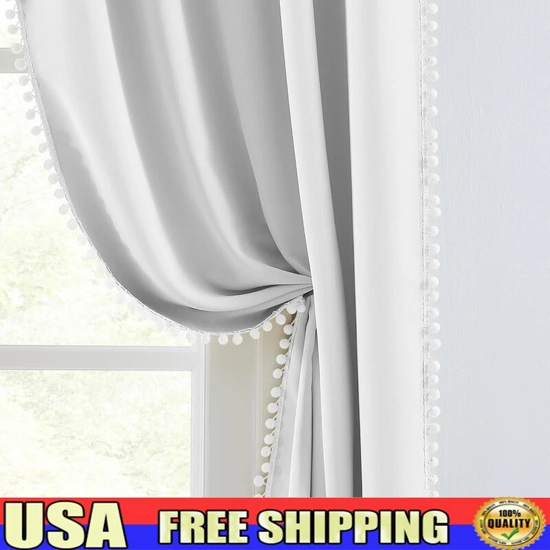 White Pom Pom Curtains Room Darkening Drapes Kids Nursery Living Room 2 Panels