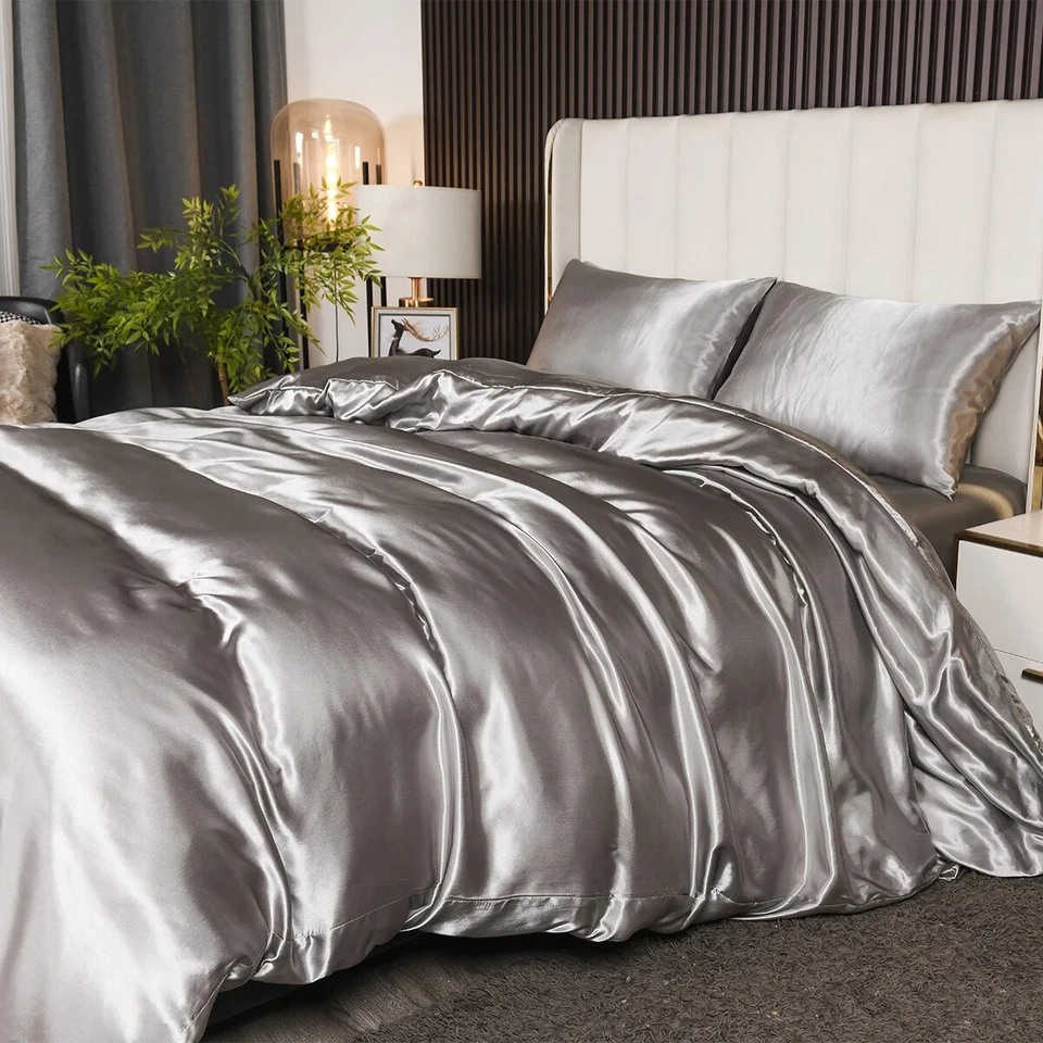 3-Piece Reversible Silk Comforter Set/Bedding Set, Luxury Soft Satin Comforter - Image 4 of 4