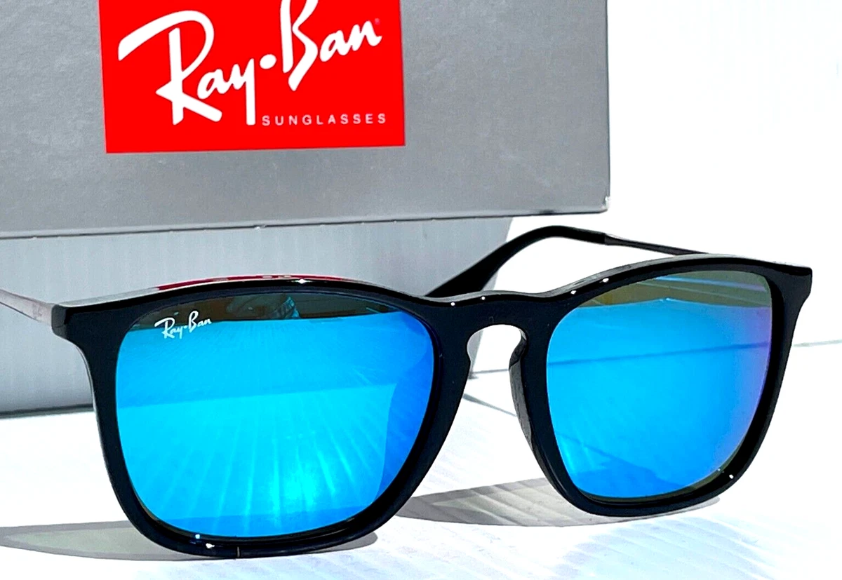 NEW Ray Ban CHRIS Polished Black w Blue Flash Lens Sunglass RB4187-F 601/55