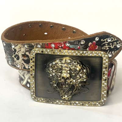 Y2K Rare Ed Hardy Glitter Large Buckle Belt Leather Rhinestone One