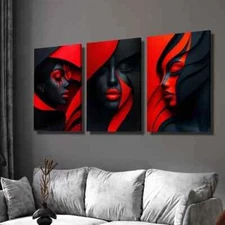 3pcs Geometric Black and Red Abstract Women Wall Art Canvas Framed 50x70cm