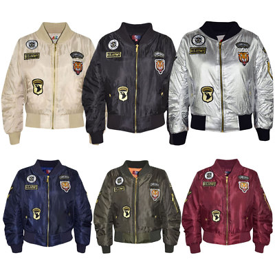 Kids Boys Girls Jacket Badges Print Bomber Padded Zip Up Biker Jackets MA 1 Coat