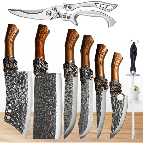 Professional Kitchen Chef Knife Set Butcher Knife Poultry Shears Sharpening Rod