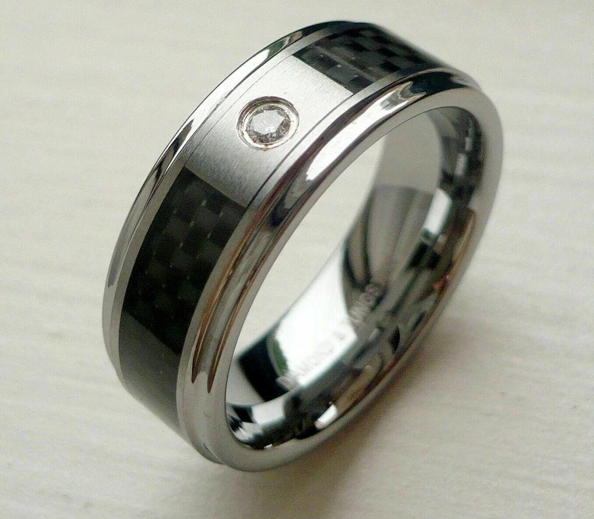 Tungsten Carbide Genuine Diamond Men s 8mm Band Black Carbon Fiber Size 8 13