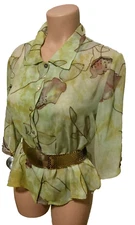 Women's silk button up blouse crop short sleeve Citron Vintage green S New
