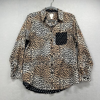 Chico's Button Up Shirt Womens 1 M Brown Black Leopard Polka Dot Color Block