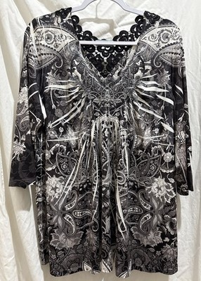 Unity World Wear 2X Women s Black White Tunic Top Shirt Blouse 3/4 Sleeve Plus