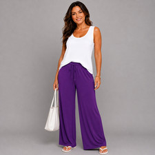 WOMENS PALAZZO TROUSERS LADIES WIDE LEG PLAIN PANTS ELASTICATED WAIST PLUS SIZE