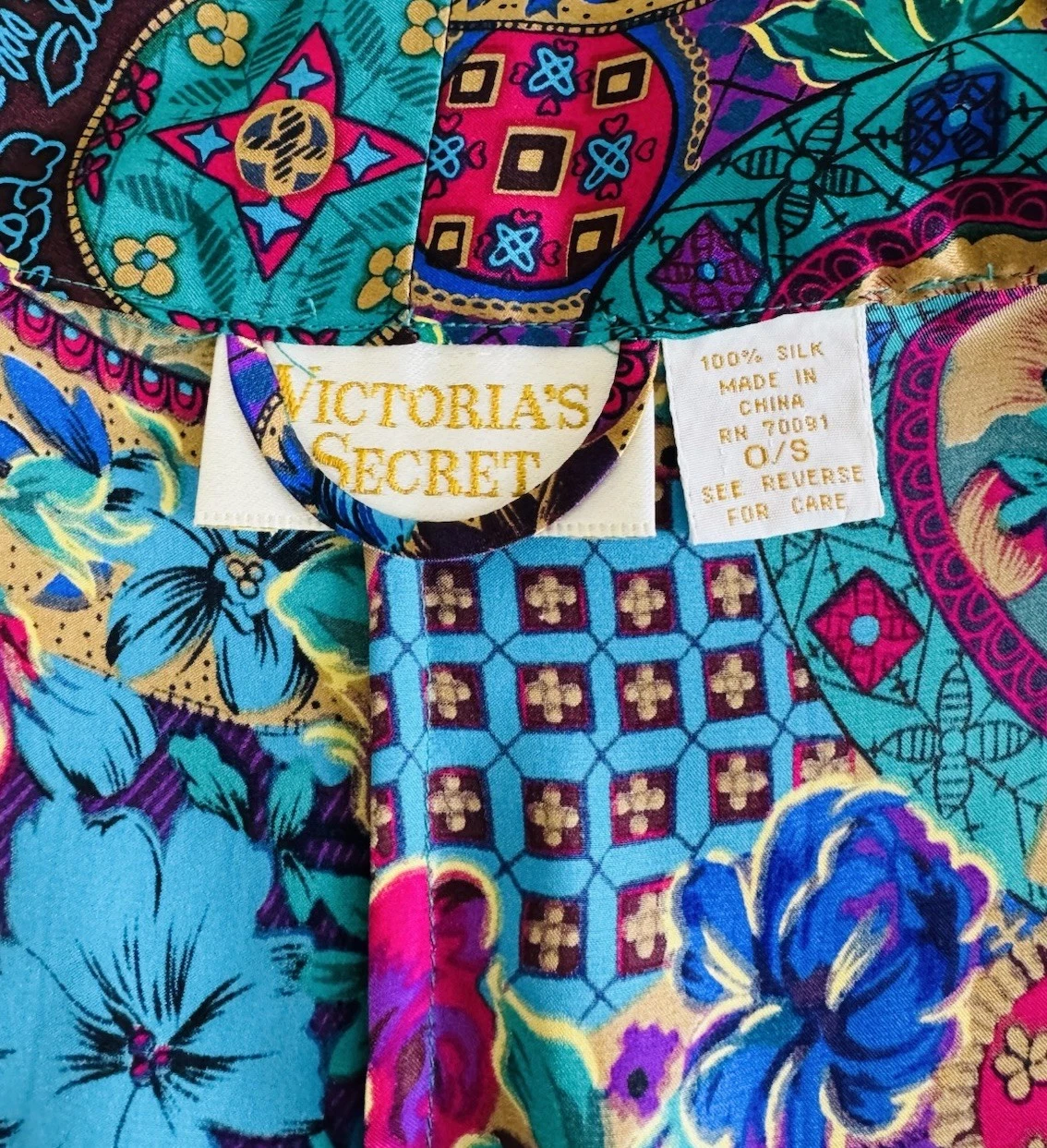 UNDERCOVER Camicia abito kimono vintage anni 90 Victoria’s Secret etichetta oro seta floreale OS