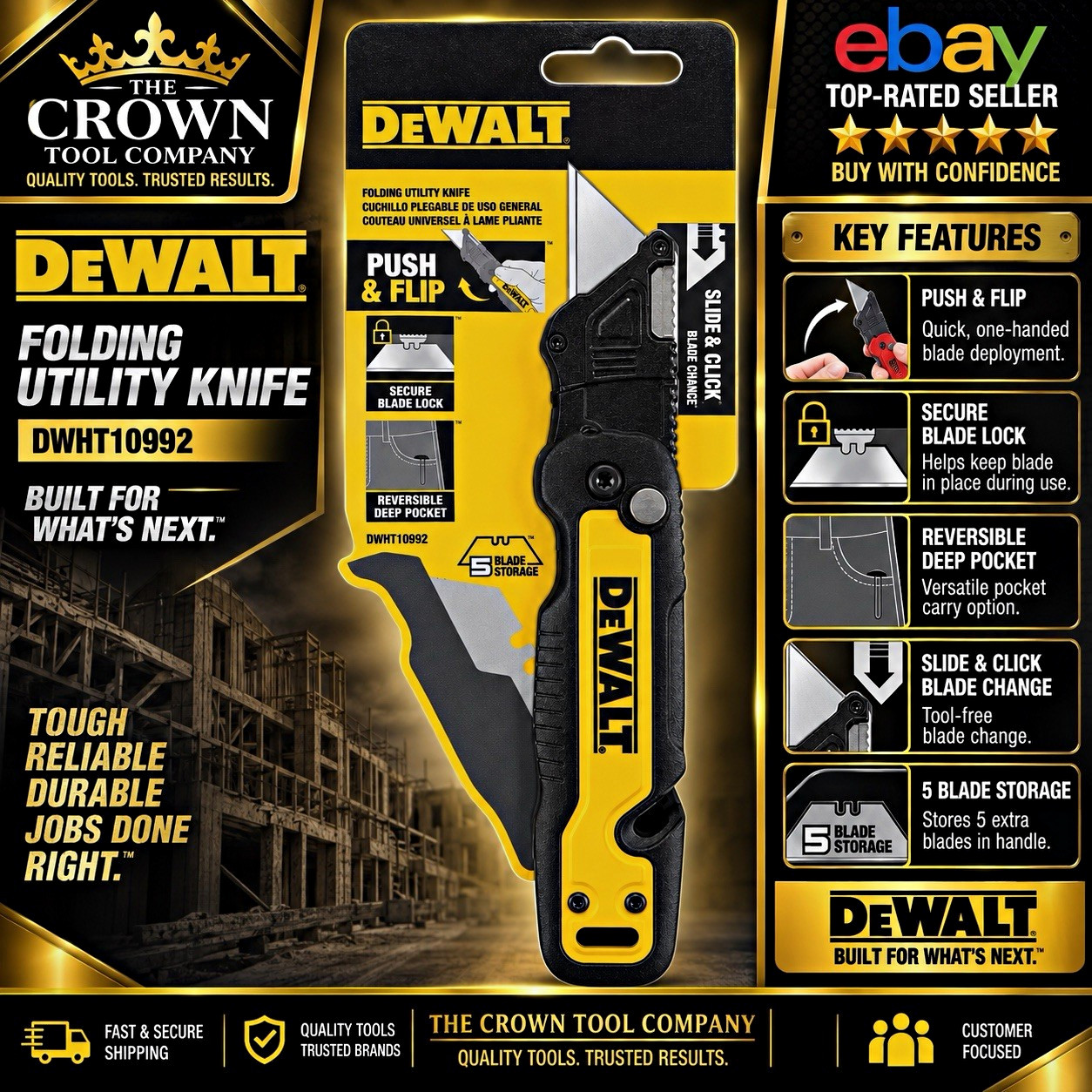 DEWALT DWHT10992 Folding Utility Knife Push & Flip Slide & Click Blade Change