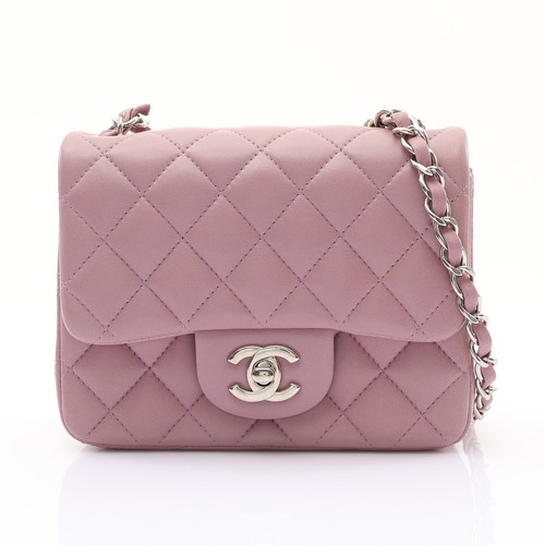 CHANEL CC Mini Chain Flap Shoulder Bag Pale Pinkish Gray Lambskin SHW A35200