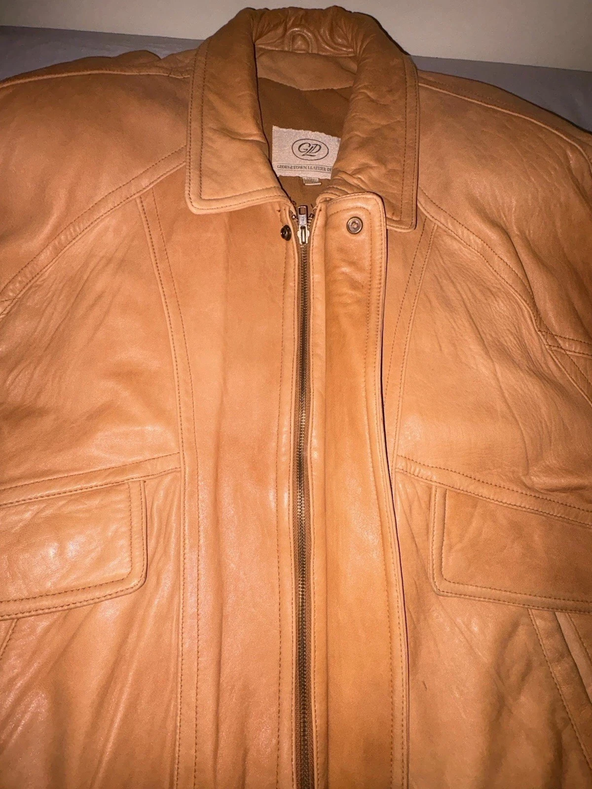 Vtg 90s Georgetown Leather Design Bomber Jacket Mens Large Tan Brown YKK Heavy image 18