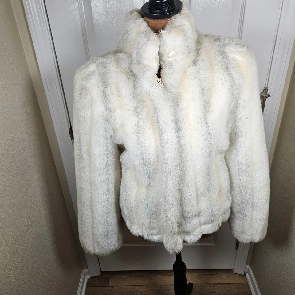 Abrigo de piel sintética Jordache vintage para mujer talla 5/6 blanco gris chaqueta *se adapta a mediano Foto 2 de 4