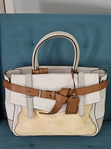 Reed Krakoff Boxer Tote Bag Canvas Leather Taupe Tan Belted Satchel Handbag