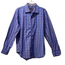 Robert Graham Shirt Mens Large Blue Pink Abstract Flip Cuff Plaid Classic Fit