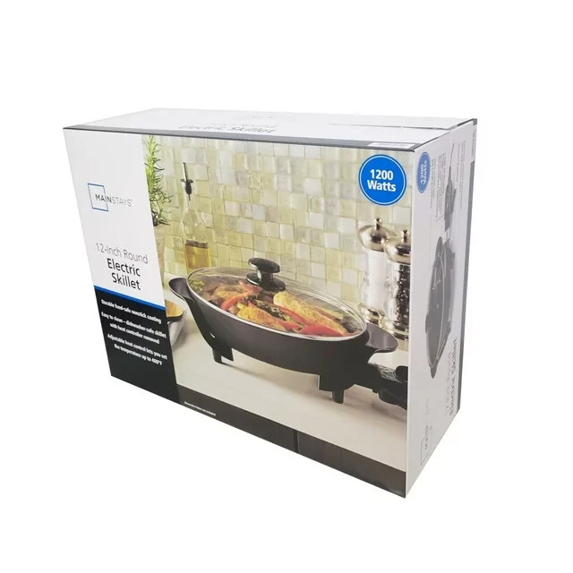 MAINSTAYS 12 ROUND NONSTICK ELECTRIC SKILLET W/ GLASS COVER *DISTRESSED