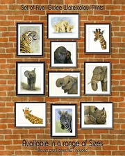Set of Five Watercolour Safari, Endangered Wildlife Prints, from my Original Art