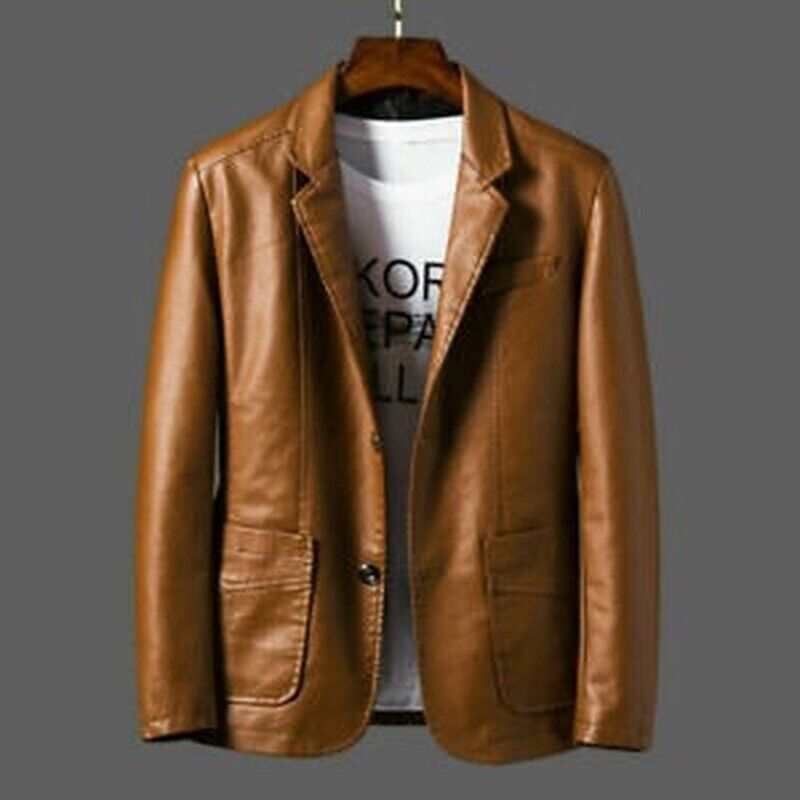 Mens Faux Leather Blazer Jacket Casual PU Suit Coat Soft Leather Coat ...