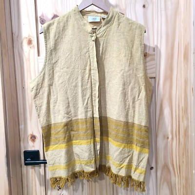 Caran New York 3X Boho Beachy Coastal Linen Blend Sleeveless Top Raw Fringe Hem