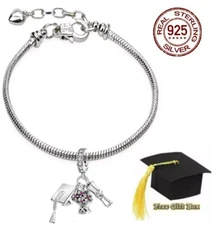 Girls 925 Sterling Silver 2025 Graduation Cap Flowers Diploma Charm Bracelet