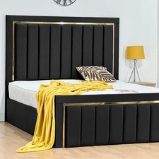 Image of Panel Golden Strip Bed Frame Plush Velvet Upholstered Gas Lift Storage Double UK