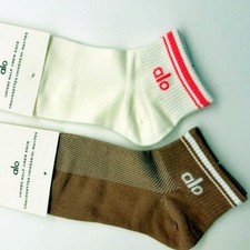 ALO Unisex Yoga Half-Crew Throwback Socks Beige  Brown - 2pairs New With Tags