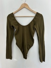 Womens Solid Olive Green Nylon Knit Textured Scoop Neck Long Sleeve Bodysuit M/L