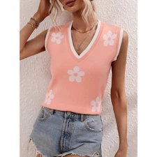 V-Neck Sleeveless Knit Flower Casual Loose Fit Pullover Sweater