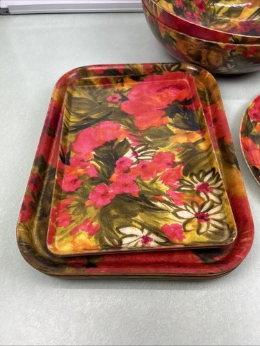 Vintage Floral Fiberglass Serving Snack Bowls Trays Lot 1970s Groovy Funky MCM - Picture 2 of 23