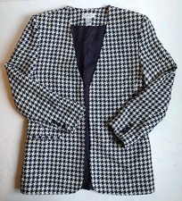 Talbots Houndstooth Blazer Navy Blue White Silk Open Front Jacket Pockets Size 4