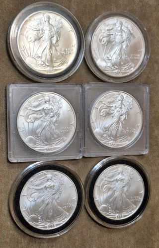 Lot of 6 American Silver Eagle 1991, 2003, 2006, 2009 1oz .999 Fine Silver