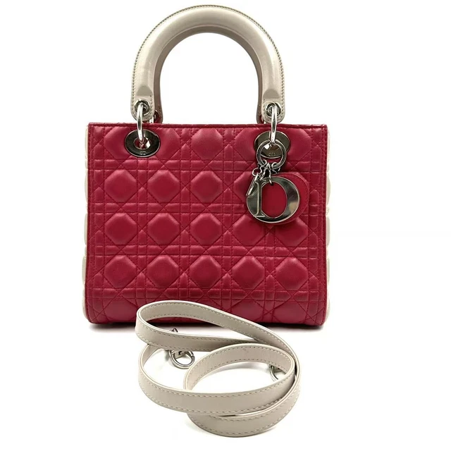 9.10 Live Christian Dior Lady Cannage Hand Bag Lamb Skin Red White