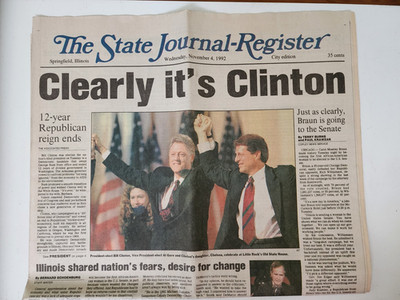 1992 State Journal Register Newspaper Clinton Election Front Page Section Only