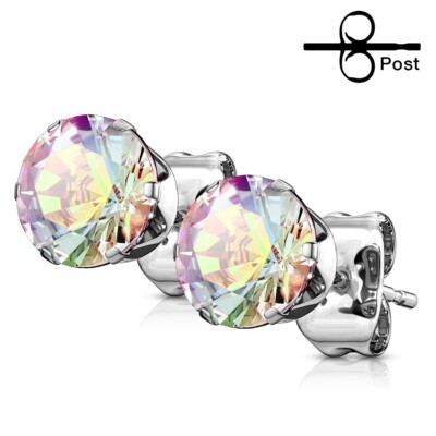 Aurora Borealis CZ Stud Earrings Surgical Steel 3mm - 7mm (Unisex)
