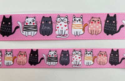 Cute Cats Black white dots glasses on pink Grosgrain ribbon 5/8'' 7/8''