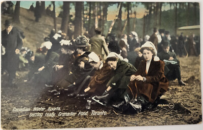VTG 1911 PC WINTER SPORTS LACING UP ICE SKATES GRENADIER POND TORONTO CANADA