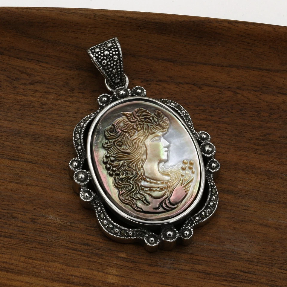 Colgante y pendientes de marcasita camafeo abulón acero inoxidable 316 Foto 3 de 4