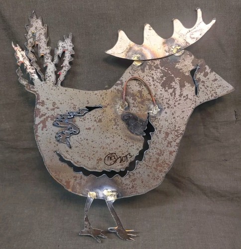 Scultura da parete vintage dipinta a mano arte metallo acciaio gallo pollo funky - Foto 3 di 17