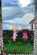 Small Folk Art Painting Black and White Child Celebrating in Meadow 3 1/2" by 6"