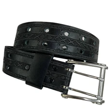 Saddle Leather Womens Belt Black Size 32" Small Cut Out Laser Cut Silver Buckle