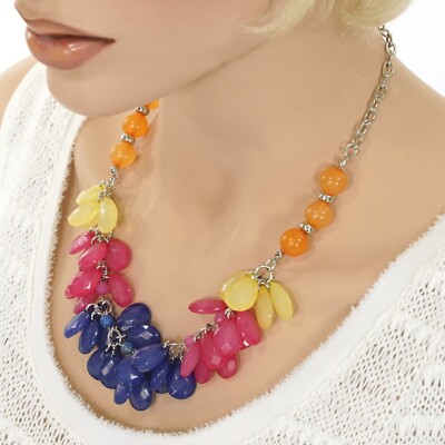 KOHL'S ''COLOR'' ROUND & TEARDROP Multi-Color Cluster BEADS NECKLACE Silver Tone