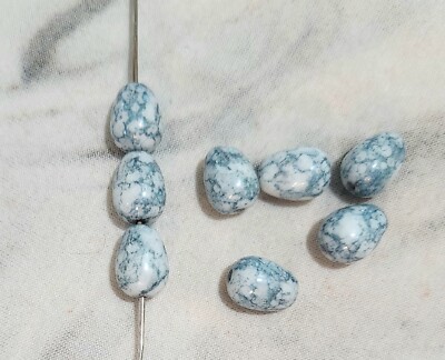 Six Teardrop Shape 10x8mm Czech Glass Beads in white with blue wash